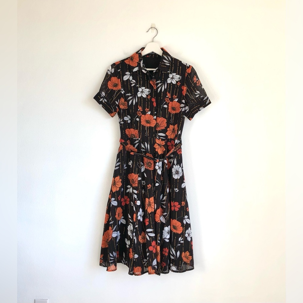 eShakti Black / Orange Floral Dotted Belted Midi Dress Size Small 4 Groovy Mod